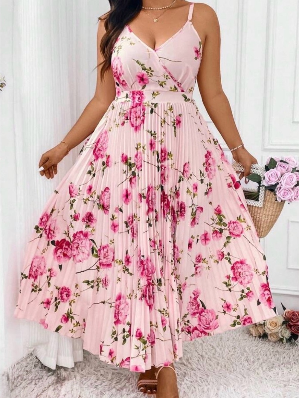 SHEIN Pink Floral Pleated Maxi Dress